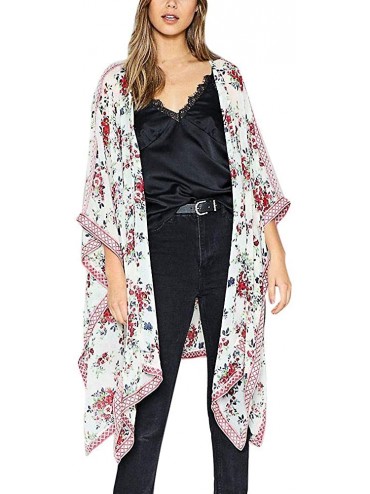 Cover-Ups Fashion Chiffon Shawl Print Kimono Cardigan Top Cover Up Blouse Beachwear Women - White - CU18TTXYEZH $33.46